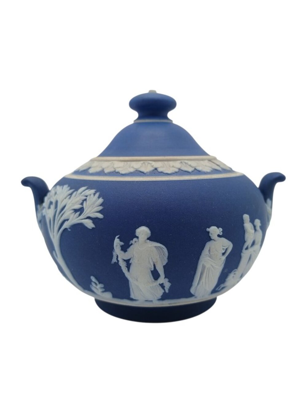 Wedgwood Blue Jasperware Covered Sugar Bowl Lid Classical Relief England Vintage
